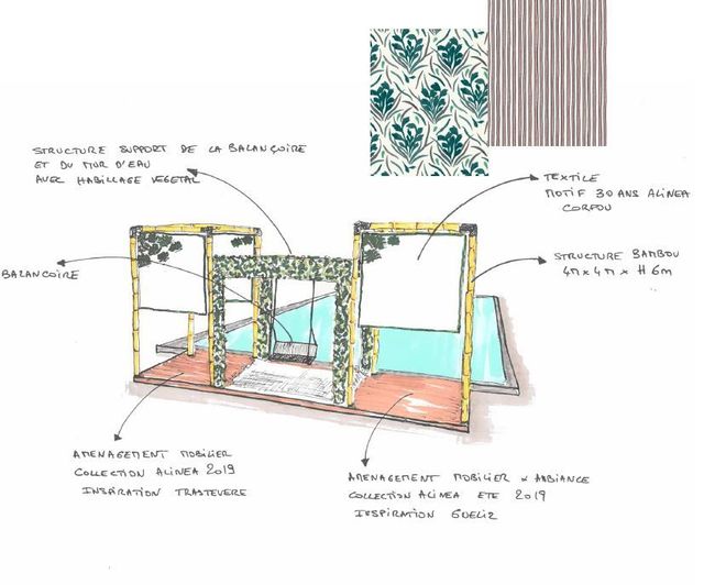 Croquis de la balançoire pensée par alinéa au salon Vivre Côté Sud d'Aix-en-Provence